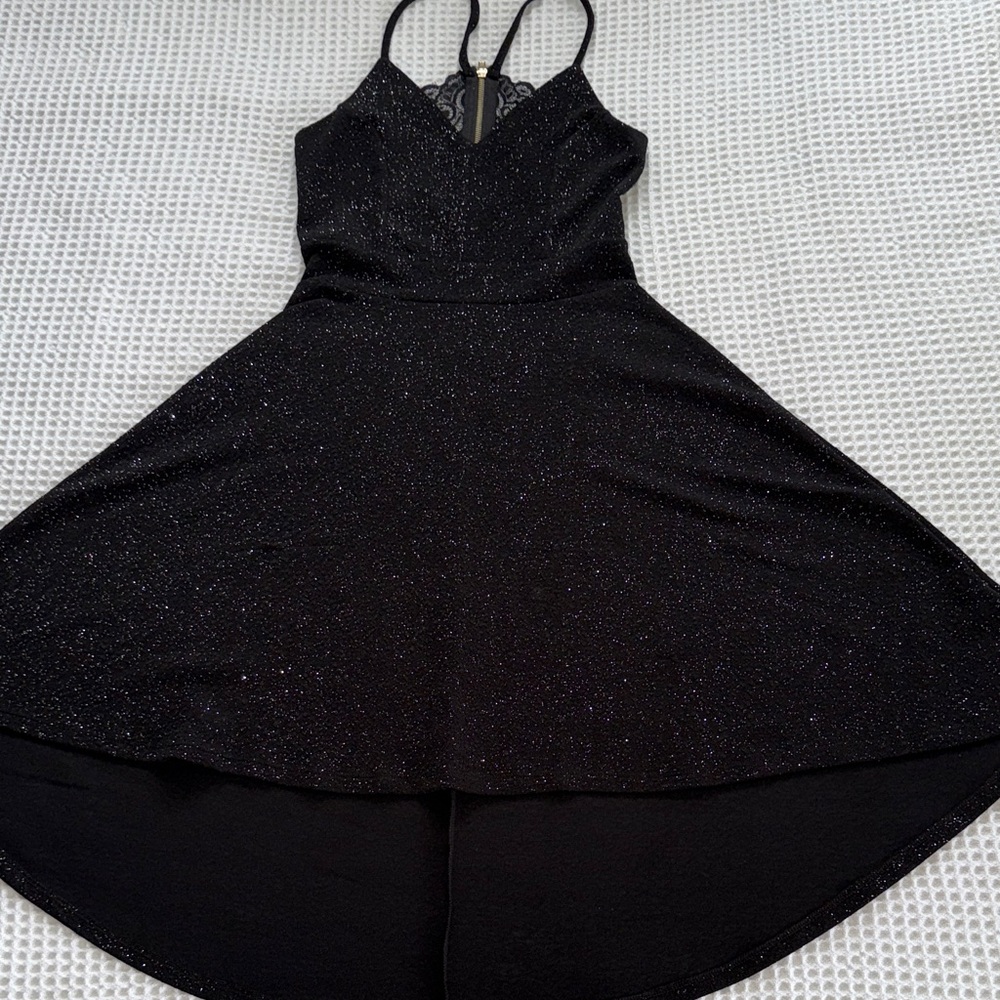 J for Justify Black Sparkle Hi-Lo Dress w/Spaghetti Straps & lace back. EUC M